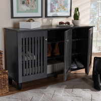 Baxton Studio SC864573 A-Dark Grey-Shoe Cabinet Fernanda Modern and Contemporary Dark Gray 3-Door Wooden Entryway Shoe Storage Wide Cabinet